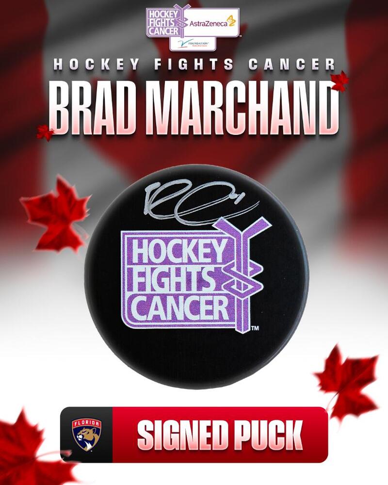 Brad Marchand Autographed Hockey Fights Cancer Puck - Florida Panthers