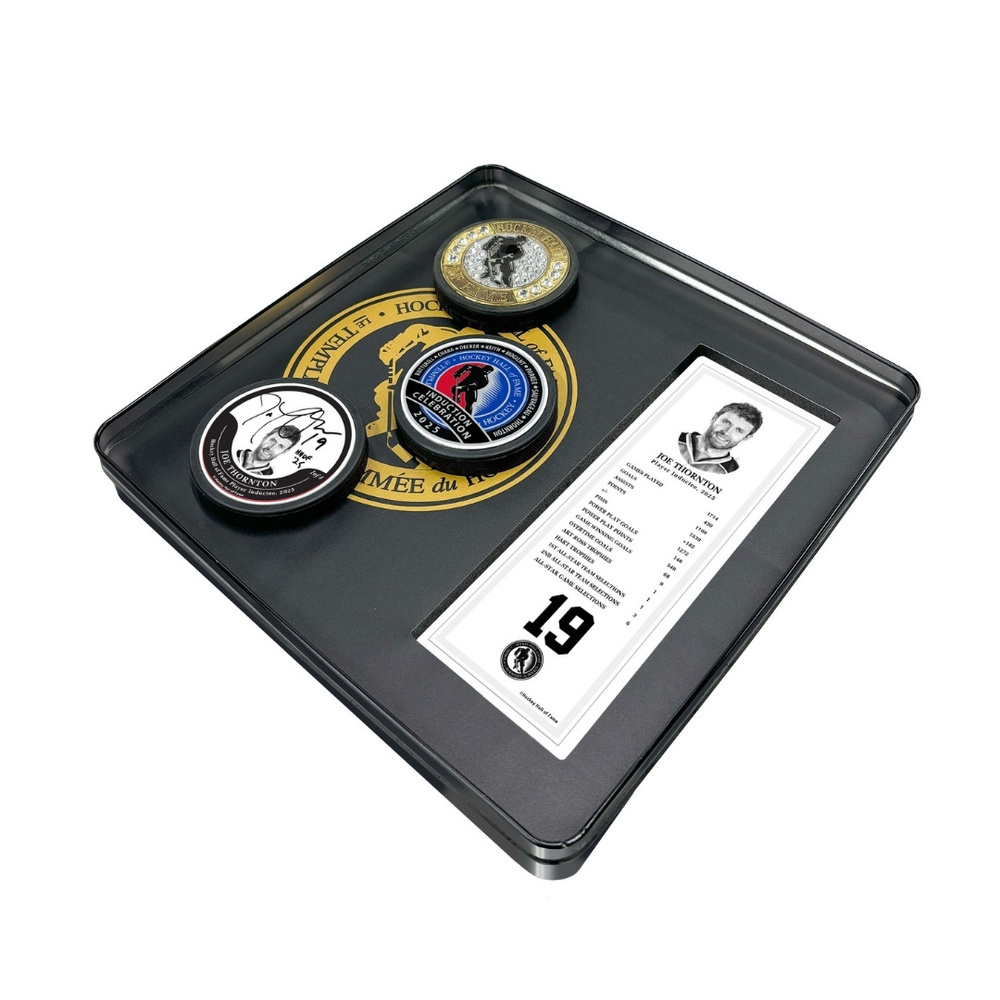 Joe Thornton Autographed Legends Line Honoured Member Tin Puck Set - Limited Edition 3/4