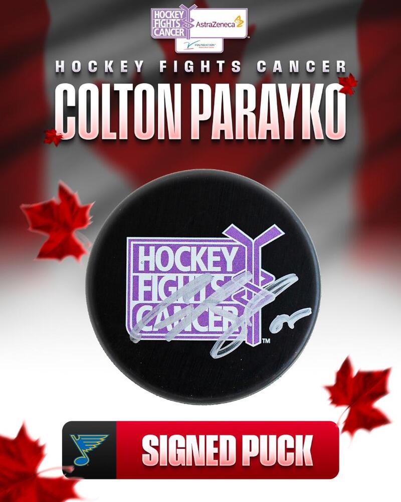 Colton Parayko Autographed Hockey Fights Cancer Puck - St. Louis Blues