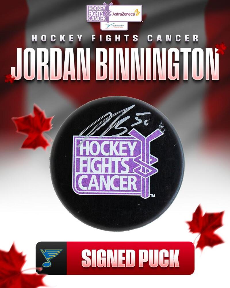 Jordan Binnington Autographed Hockey Fights Cancer Puck - St. Louis Blues