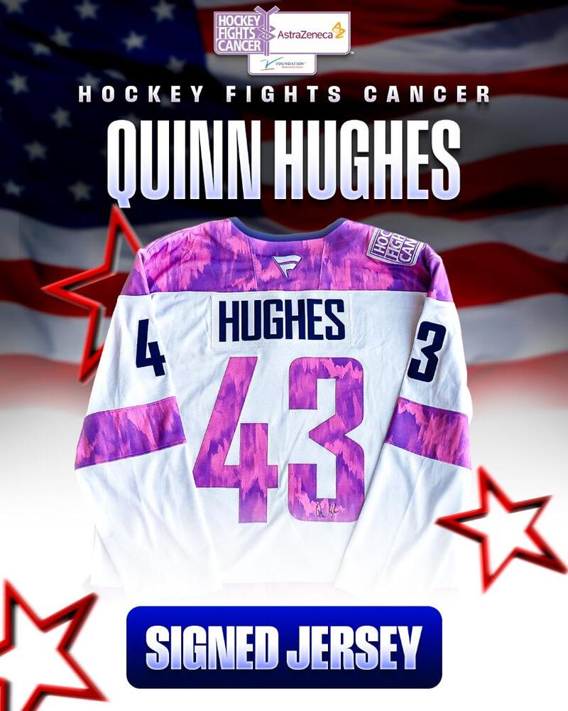 Quinn Hughes Autographed Hockey Fights Cancer Jersey - Vancouver Canucks