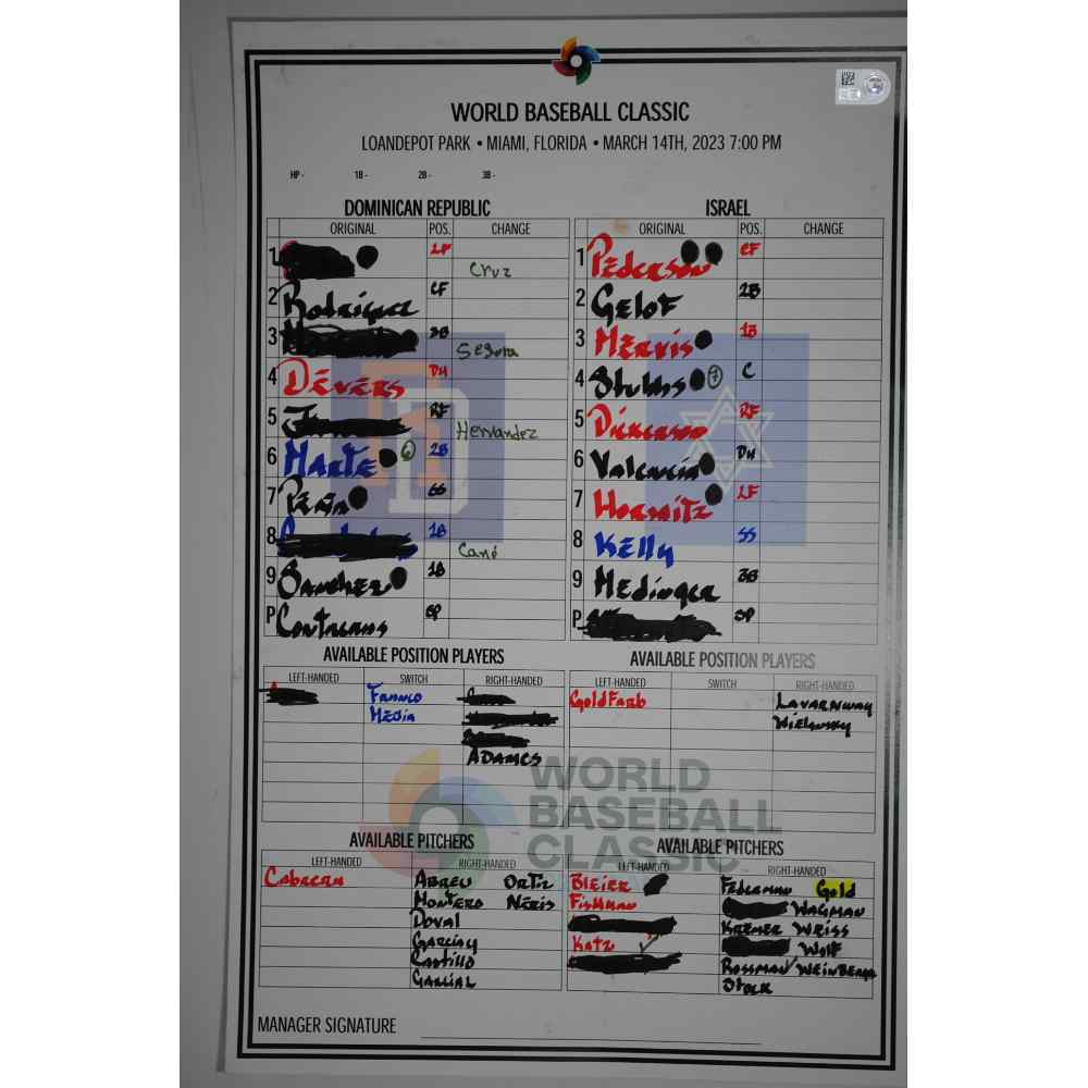 【MLBメモラビリア】ロサンゼルスドジャースgame-usedメンバー表 Game-Used Line-Up Card - 2023 World Baseball Classic - Israel vs