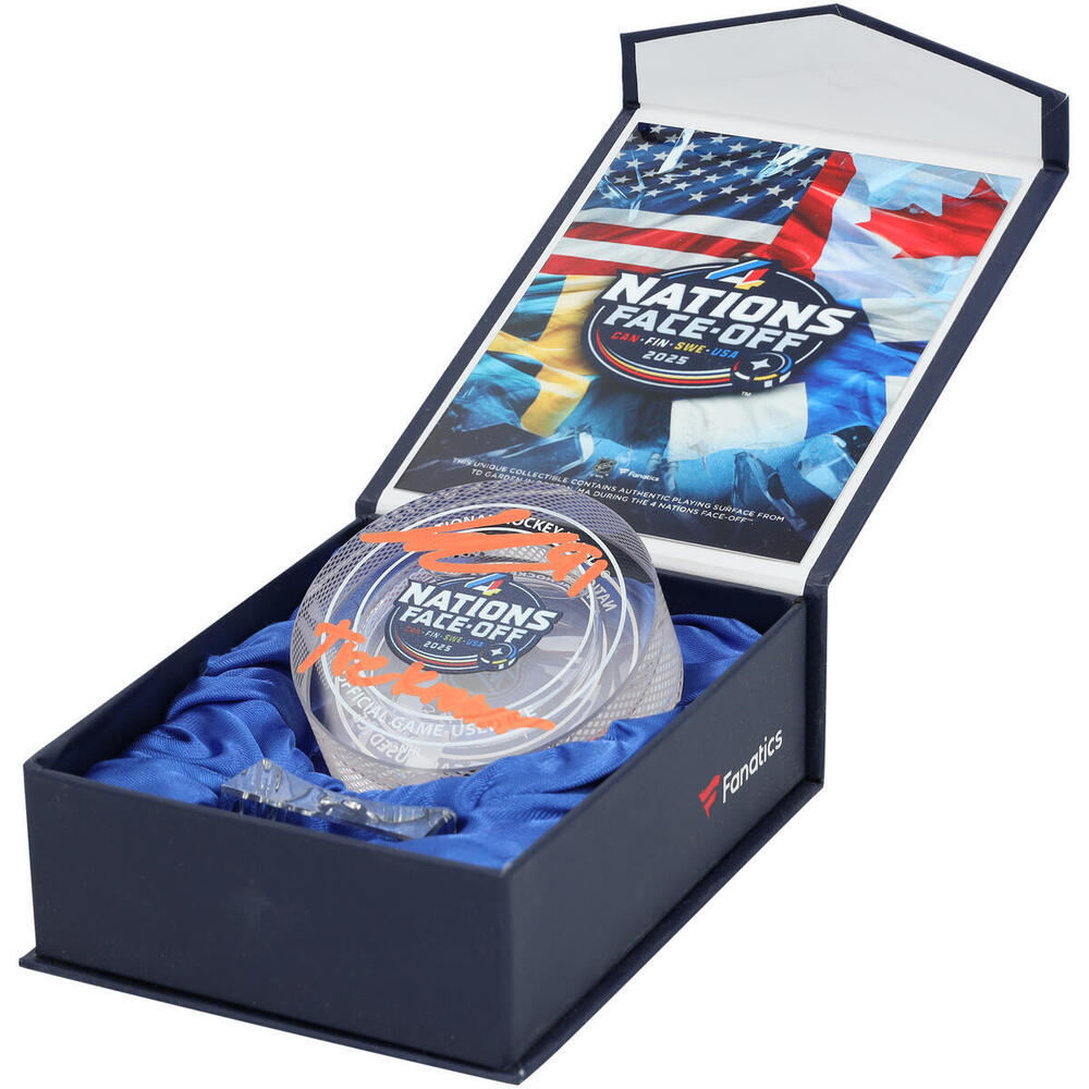 Leo Carlsson Anaheim Ducks Autographed 4 Nations Face-Off Crystal Puck - Filled with Ice from the 2025 4 Nations Face-Off with 