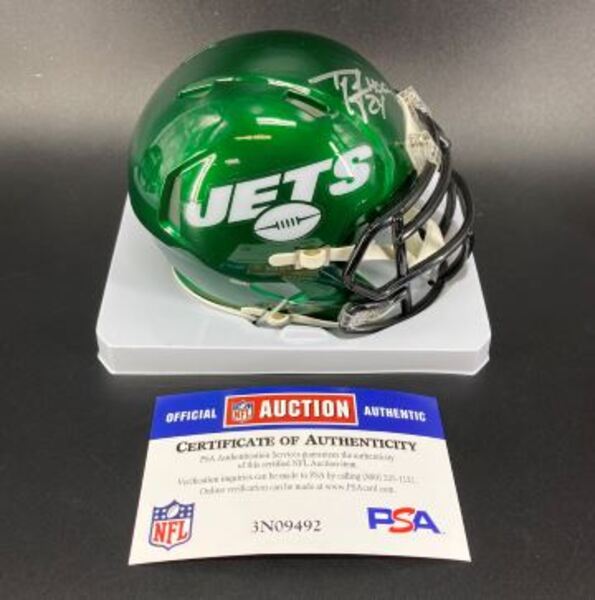 HOF - Jets Ty Law Signed Mini Helmet with HOF 19 Inscription