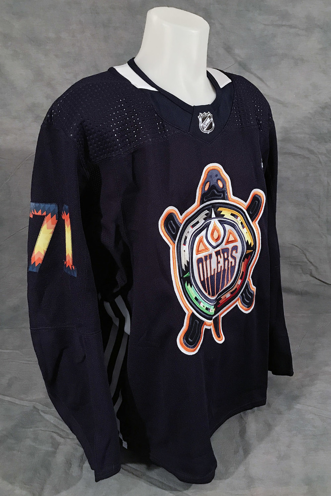 Ryan McLeod 71 Autographed 202223 Edmonton Oilers PreGame WarmUp Worn Indigenous