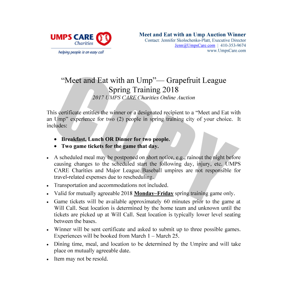 UMPS CARE AUCTION Spring Training Grapefruit League Umpire Meet & Eat