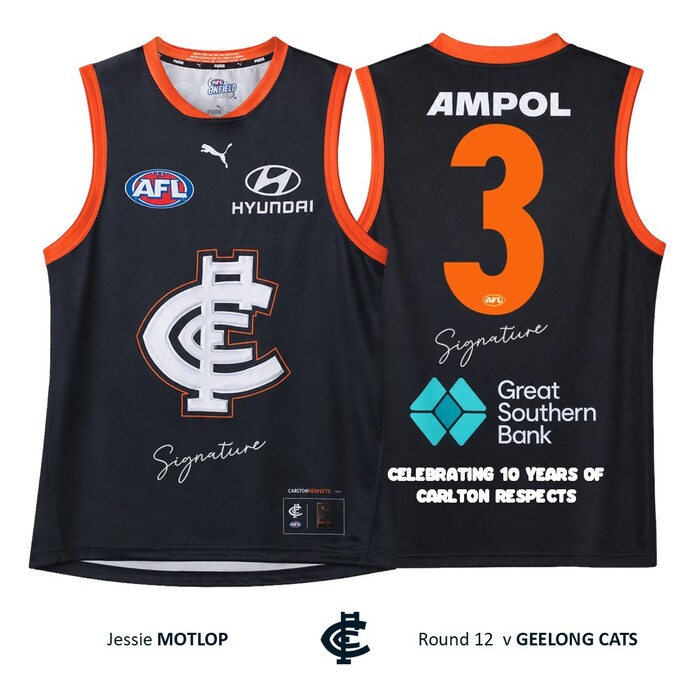 Photo of Jesse Motlop #3 Carlton 2026 Carlton Respects Player-Issue Guernsey