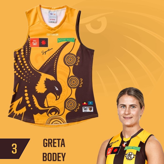 Photo of Greta Bodey #3 Hawthorn 2025 Indigenous Match-Worn Guernsey
