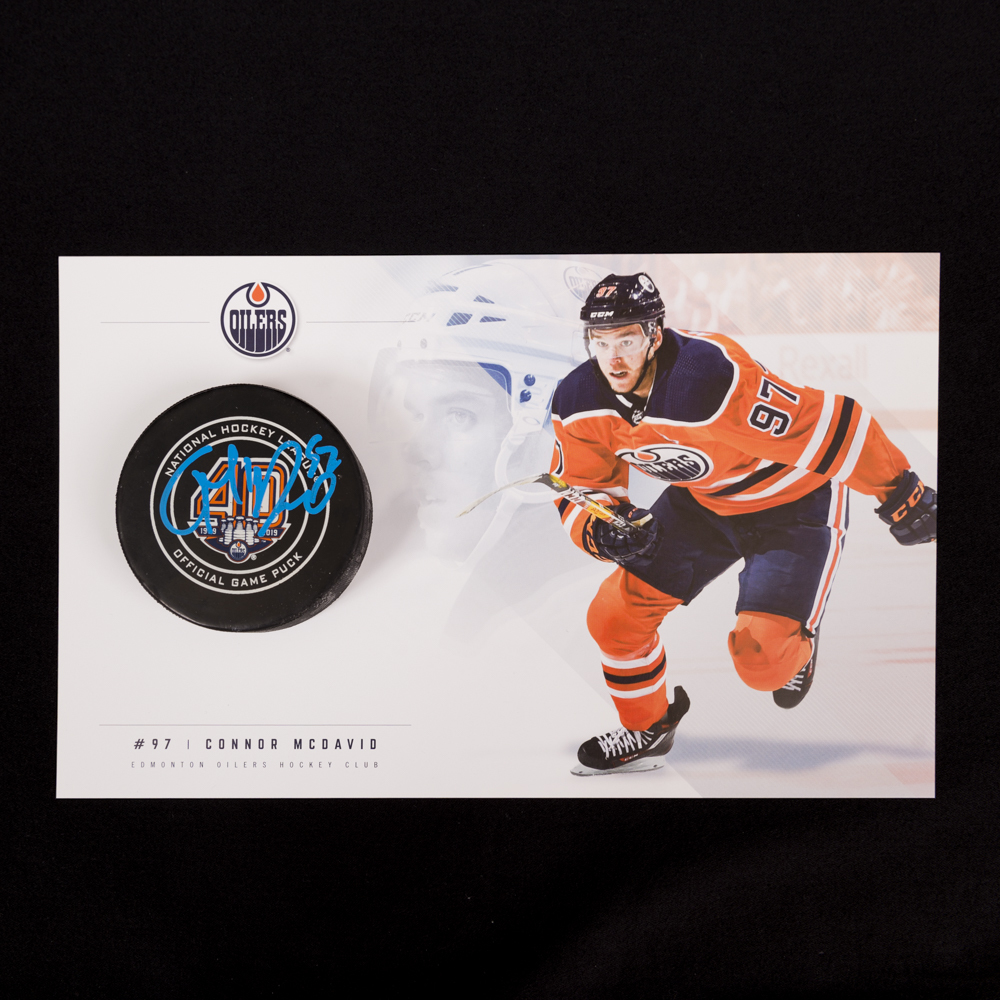 Connor McDavid #97 - Autographed 92nd NHL Career Regular Season Edmonton Oilers Goal Puck Scored On October 23, 2018 vs. Pittsburgh (Fifth Of Season) - Includes Bonus Oversized Player Card