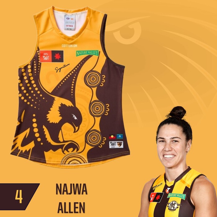 Photo of Najwa Allen #4 Hawthorn 2025 Indigenous Player-Issue Guernsey