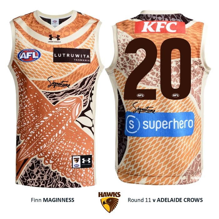 Photo of Finn Maginness #20 Hawthorn 2026 Indigenous Guernsey