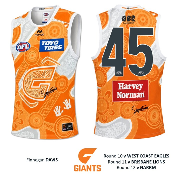 Photo of Finnegan Davis #45 GWS GIANTS "Mirrung" Indigenous Player-Issue Jumper