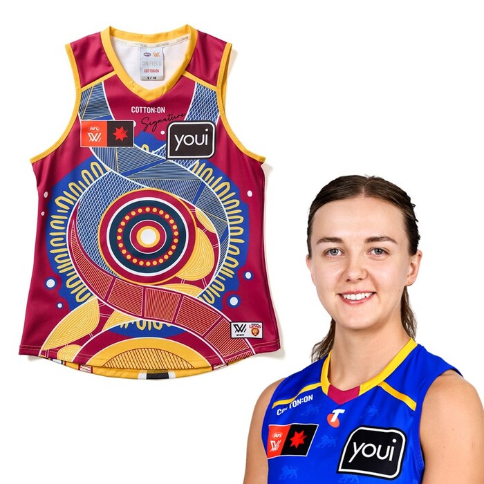 Photo of Neasa Dooley #13 2025 Brisbane Lions AFLW Indigenous Match-Worn Guernsey