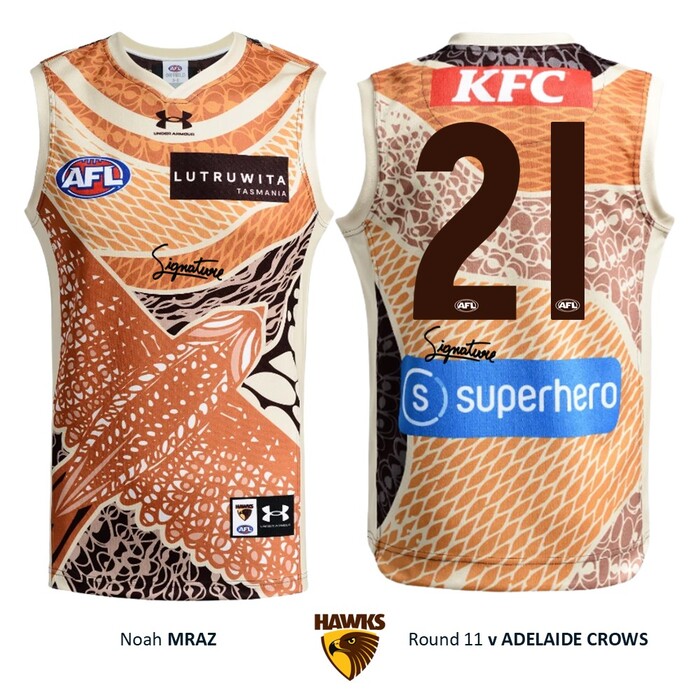 Photo of Noah Mraz #21 Hawthorn 2026 Indigenous Guernsey