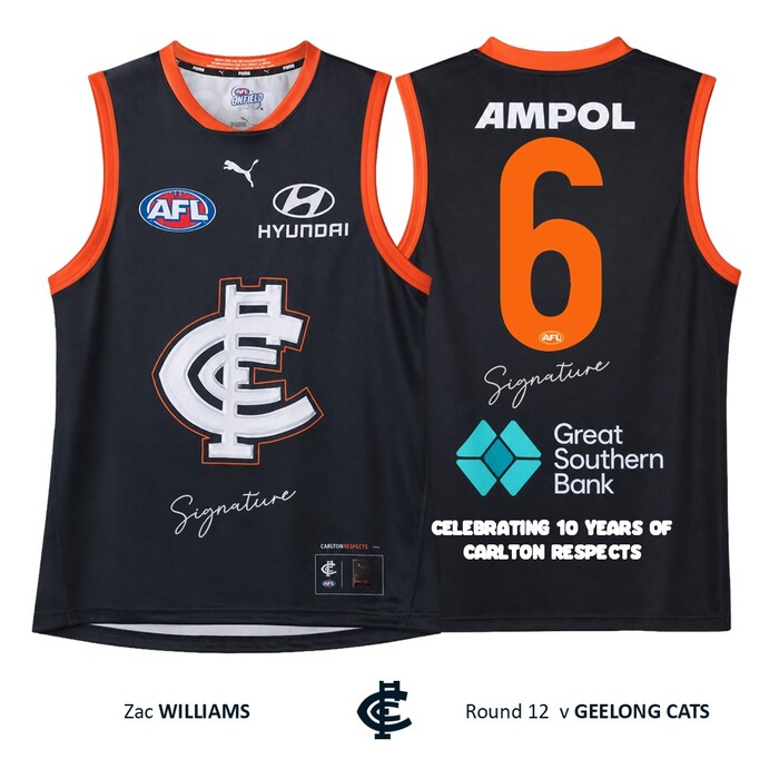 Photo of Zac Williams #6 Carlton 2026 Carlton Respects Player-Issue Guernsey