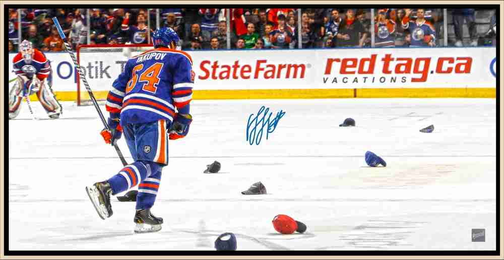 Yakupov 14x28 SIgned Hat Trick Canvas 