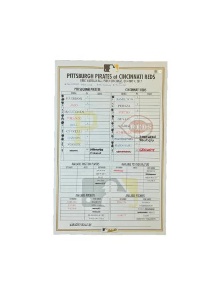 Replica Lineup Card Game-Used Lineup Card from Pirates vs. Reds on 5/4/17 - Hamilton 200th ...