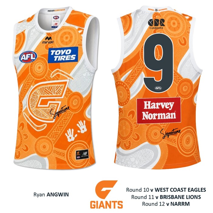 Photo of Ryan Angwin #9 GWS GIANTS "Mirrung" Indigenous Jumper