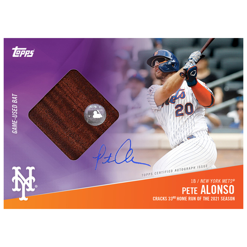 Photo of Pete Alonso #20 - Autographed Limited Edition of 25 Purple Topps Card - Features a Piece of Authenticated Game Used Home Run Bat from 9/15/21 - Alonso Hits 33rd HR of the Season