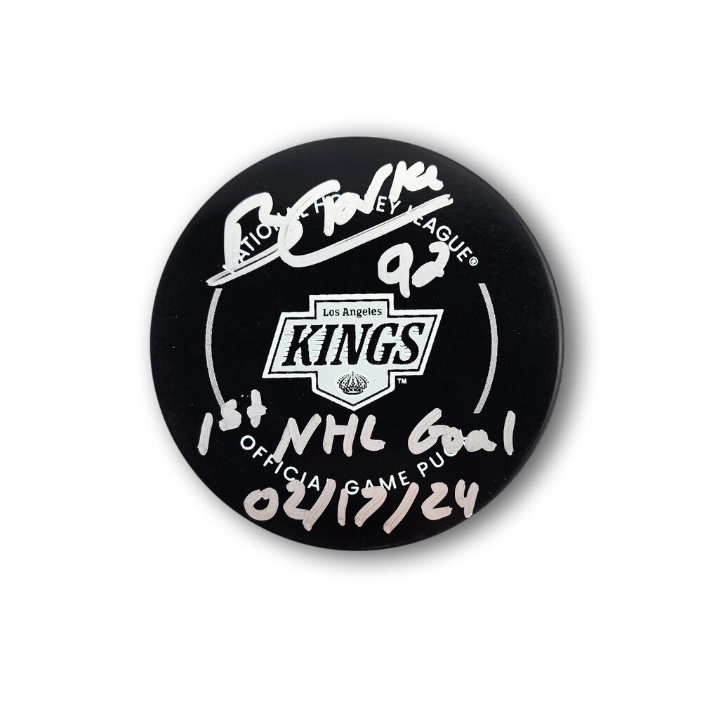 Brandt Clarke Autographed Los Angeles Kings Official Hockey Puck Inscribed 1st NHL Goal