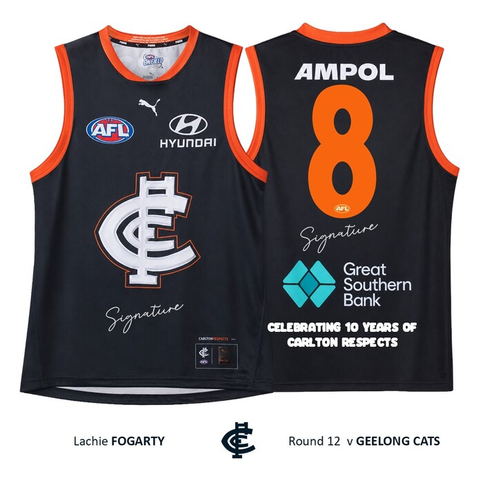 Photo of Lachie Fogarty #8 Carlton 2026 Carlton Respects Player-Issue Guernsey