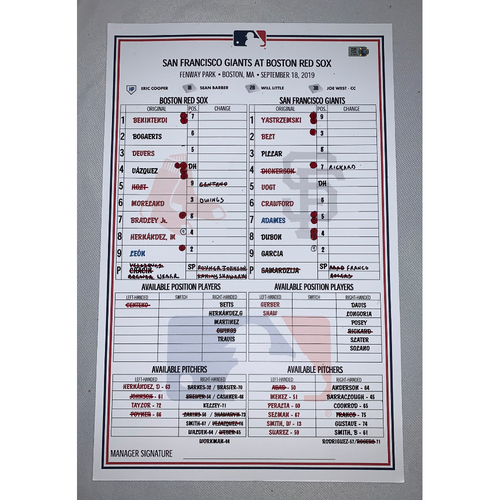 San Francisco Giants vs Boston Red Sox September 18, 2019 Game Used Lineup Card - Bruce Bochy 2000 Wins as a Manager