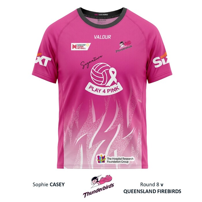 Photo of Sophie Casey 2026 Adelaide Thunderbirds PLAY 4 PINK Warm Up Tee 