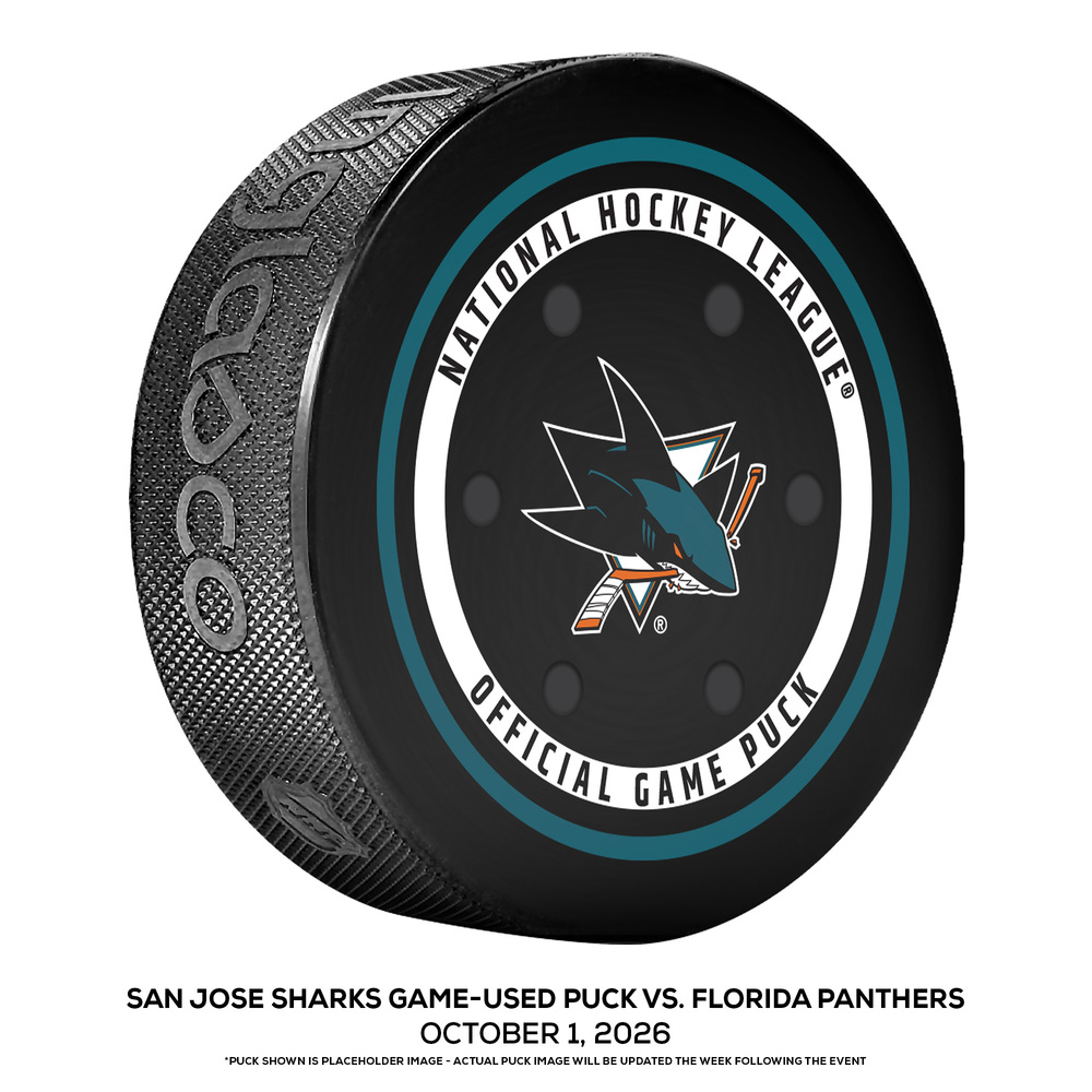 San Jose Sharks Game-Used Puck vs. Florida Panthers on October 1, 2026 - Will Smith (SJS) Scores Twice, Sharks Recover for OT Win