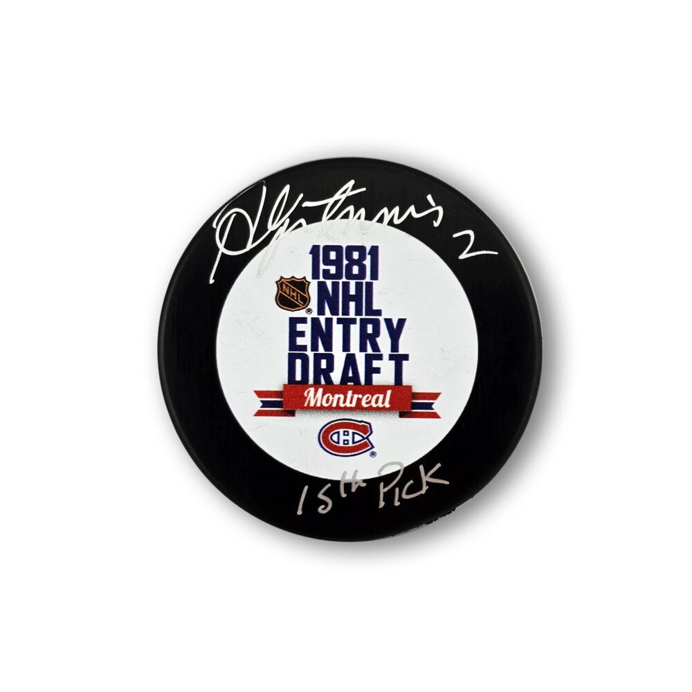 Al MacInnis Autographed 1981 NHL Draft Hockey Puck Inscribed 15th Pick