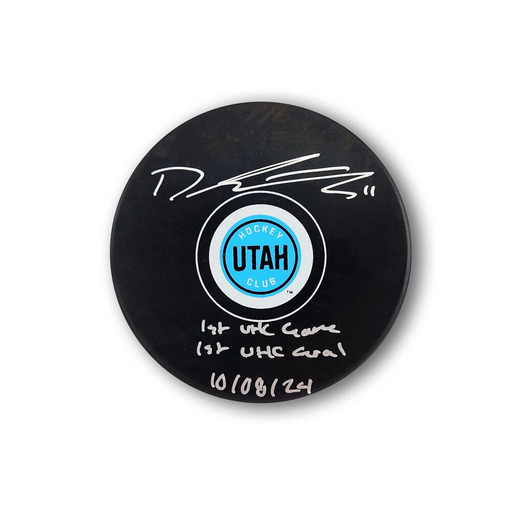 Dylan Guenther Autographed Utah Hockey Club Hockey Puck 1st Game 1st Goal