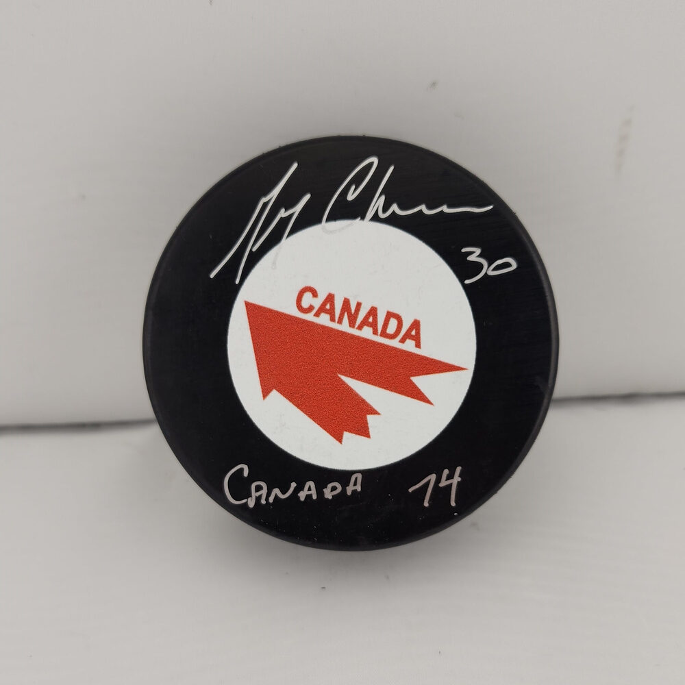 Gerry Cheevers Autographed Team Canada Hockey Puck Inscribed