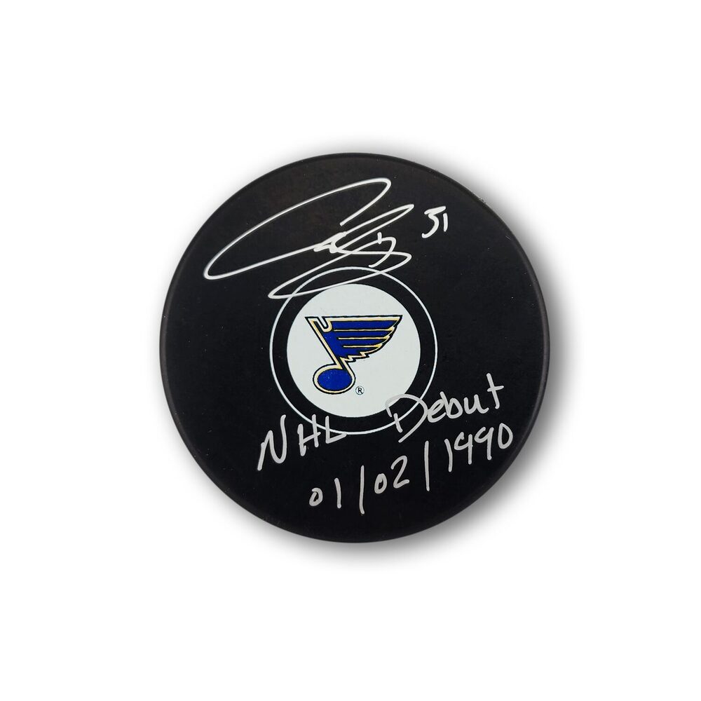 Curtis Joseph Autographed St. Louis Blues Hockey Puck Inscribed NHL Debut