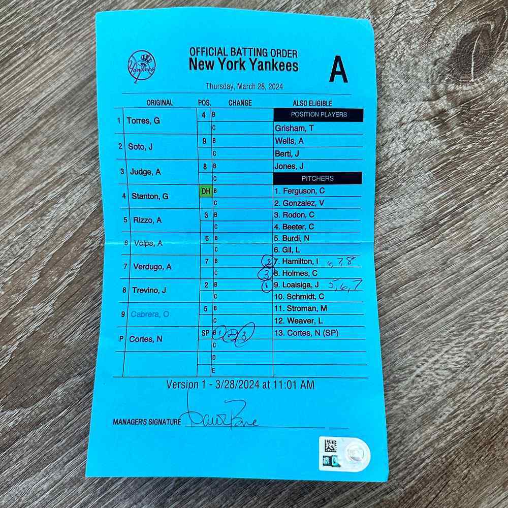 UMPS CARE AUCTION New York Yankees 2024 Opening Day Official Lineup