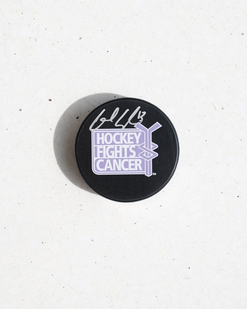 Charlie Coyle Autographed Hockey Fights Cancer Puck - Columbus Blue Jackets