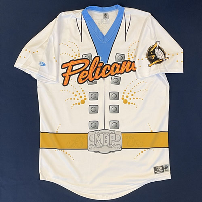 MYRTLE BEACH PELICANS RHINESTONE JUMPSUIT JERSEY #34 SIZE 46