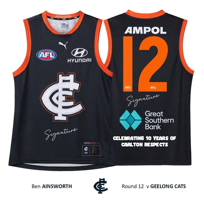 Photo of Ben Ainsworth #12 Carlton 2026 Carlton Respects Match-Worn Guernsey