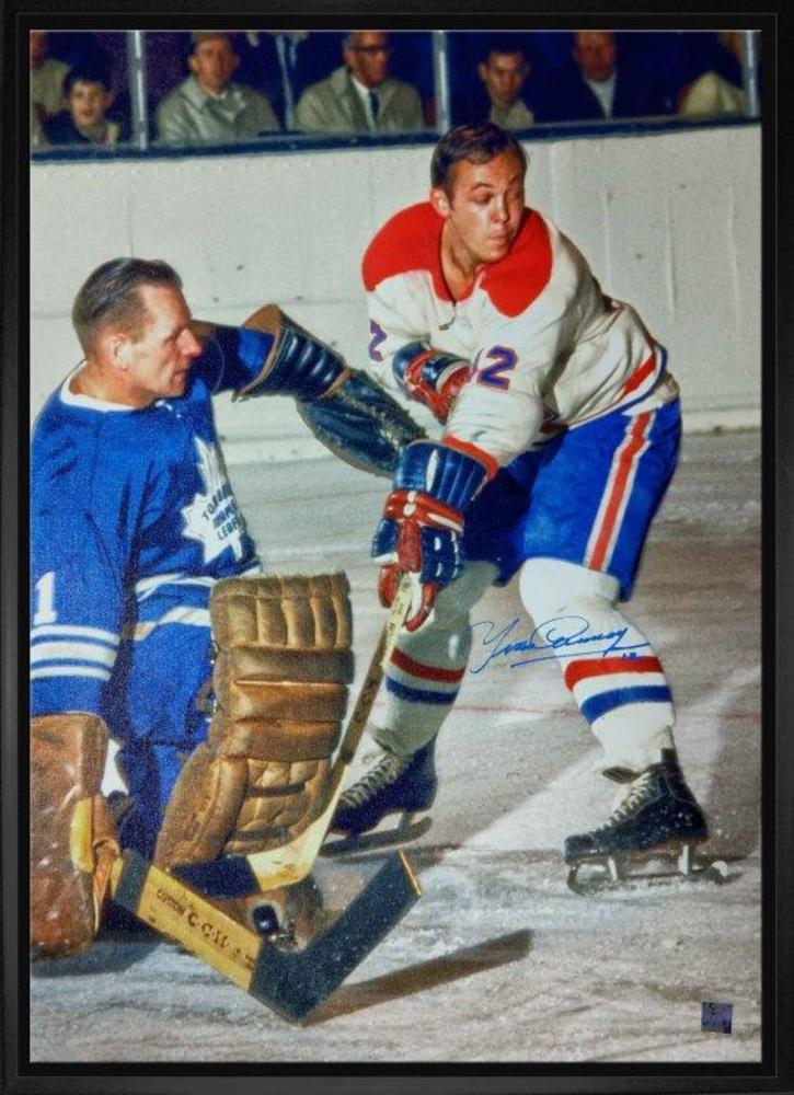 Yvon Cournoyer Signed 20x29 Canvas Framed Canadiens White Action vs Bower