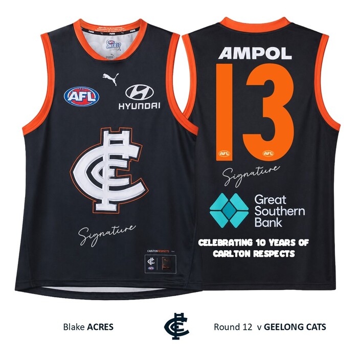 Photo of Blake Acres #13 Carlton 2026 Carlton Respects Match-Worn Guernsey