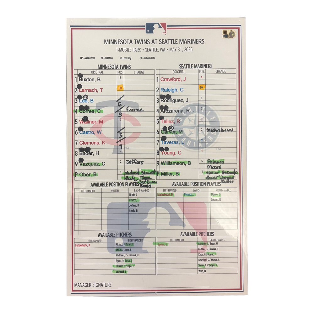 Game-Used Lineup Card: 5/30/2025 - Seattle Mariners vs Minnesota