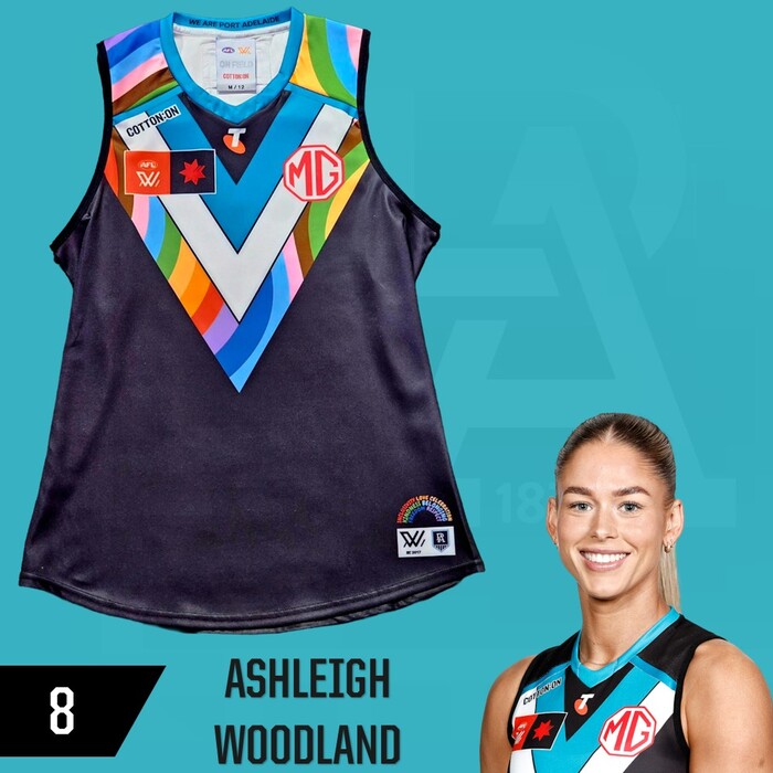 Photo of Ashleigh Woodland #8 Port Adelaide 2025 Pride Match-Worn Guernsey
