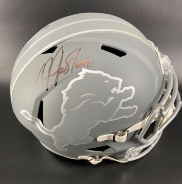 HOF - Lions Calvin Johnson Signed Replica Slate Speed Helmet with HOF 21...