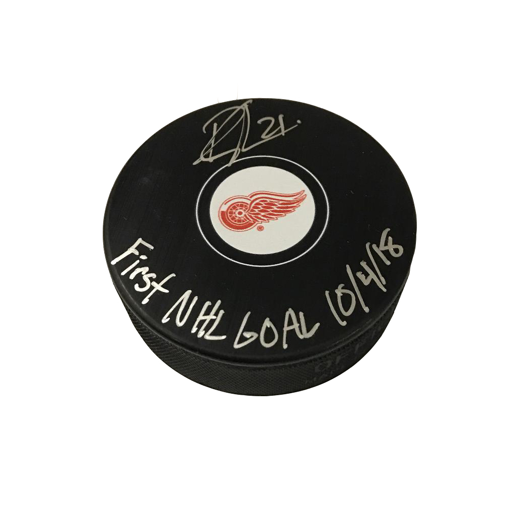 DENNIS CHOLOWSKI Signed Detroit Red Wings Puck with First NHL Goal 10/4/18 Inscription