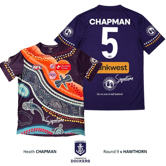 Photo of Heath Chapman #5 Fremantle Signed 2026 Purple Hands Warm-Up Tee  