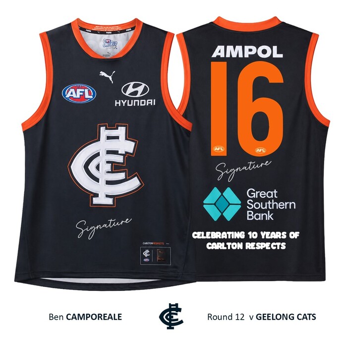 Photo of Ben Camporeale #16 Carlton 2026 Carlton Respects Player-Issue Guernsey