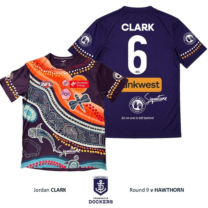 Photo of Jordan Clark #6 Fremantle Signed 2026 Purple Hands Warm-Up Tee  