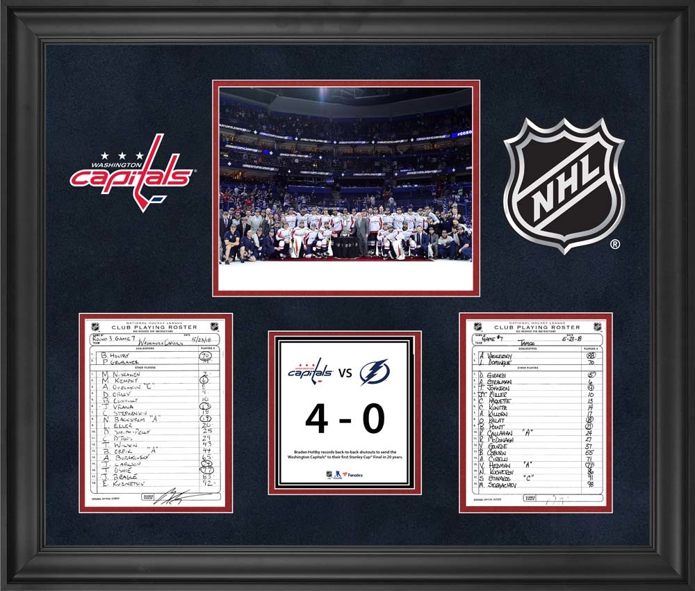 Washington Capitals Framed Original Line-Up Cards from Game 7 of the 2018 Eastern Conference Final on May 23, 2018 vs. Tampa Bay Lightning - Braden Holtby 2nd Consecutive Shutout to Clinch Stanley Cup Final Berth