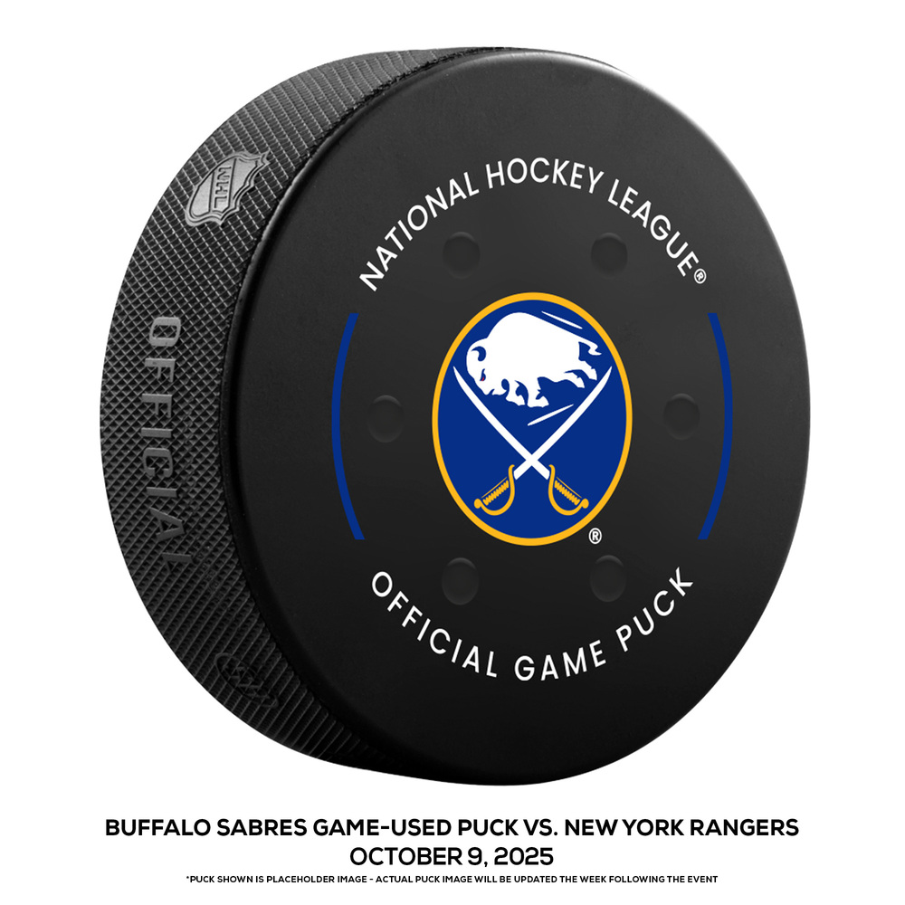 Buffalo Sabres Game-Used Puck vs. New York Rangers on October 9, 2025 - Mike Sullivan Gets First Win as Rangers Coach