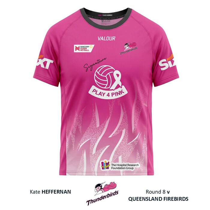 Photo of Kate Heffernan 2026 Adelaide Thunderbirds PLAY 4 PINK Warm Up Tee 