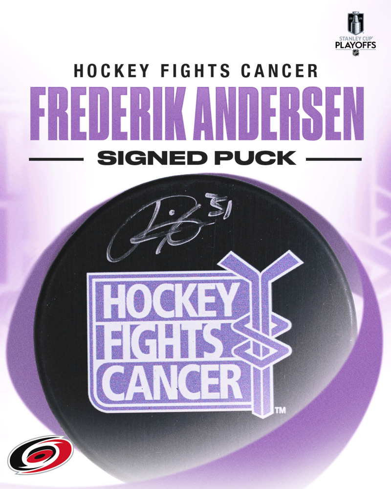 Frederik Andersen Autographed Hockey Fights Cancer Puck - Carolina Hurricanes