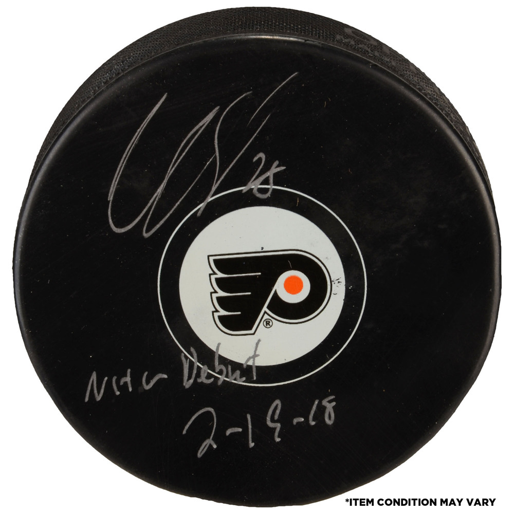 Claude Giroux Philadelphia Flyers Autographed Hockey Puck with NHL Debut 2/19/08 Inscription - Imperfect Condition